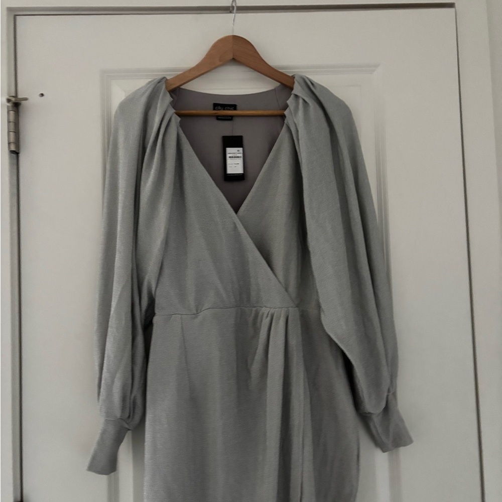 NWT City Chic Party Light Metallic Silver Faux Wrap Dress Stretch - Picture 6 of 11